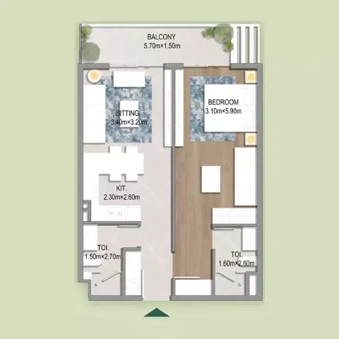 أوازيس ريزيدنسز: مخطط الطابق Type 1, 536 sq ft