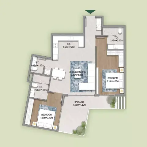 أوازيس ريزيدنسز: مخطط الطابق Type 1, 855 sq ft
