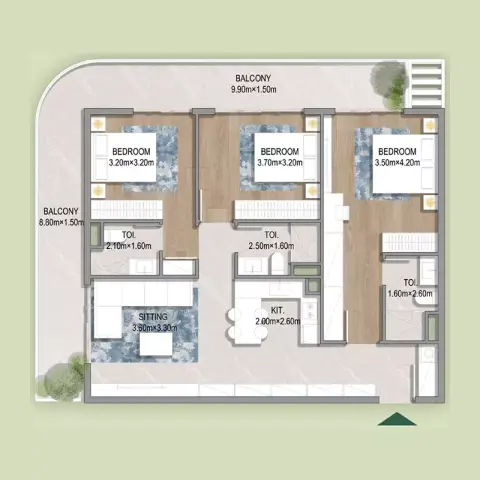 أوازيس ريزيدنسز: مخطط الطابق Type 1, 1,332 sq ft