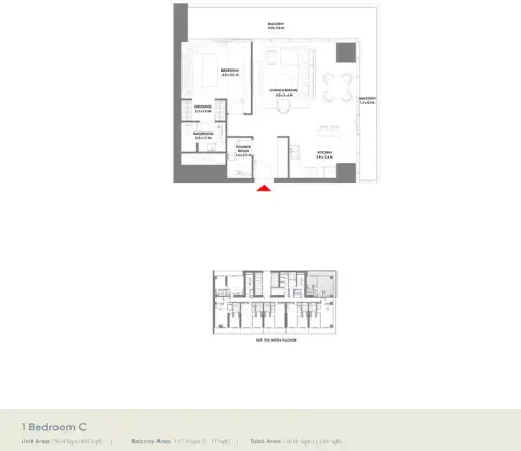 دبليو ريزيدنسز دبي هاربور من أرادا: مخطط الطابق Type C, 1,186 sq ft