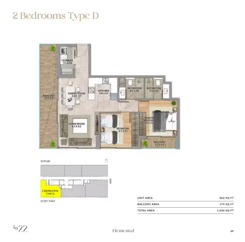 Elemental 22: Floor plan Type D, 1,036 sq ft