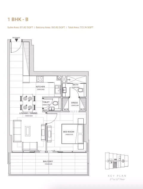 Solanki One: Floor plan Type B, 772 sq ft