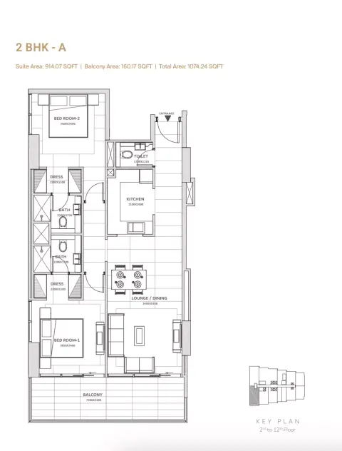 Solanki One: Floor plan Type A, 1,074 sq ft