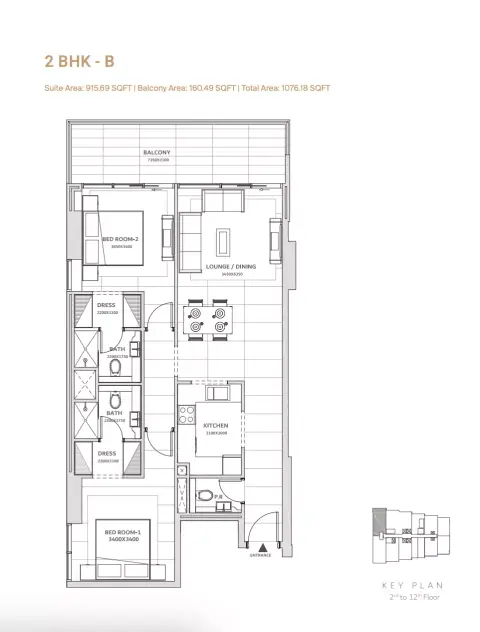 Solanki One: Floor plan Type B, 1,076 sq ft