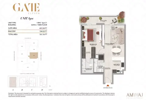 Gate Eleven Residences: Floor plan Type A301 - 1 BHK | Gate A, 761 sq ft