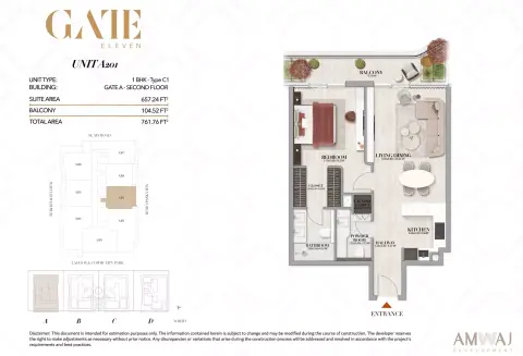 Gate Eleven Residences: Floor plan Type A 201 - 1 BHK | Gate A, 761 sq ft