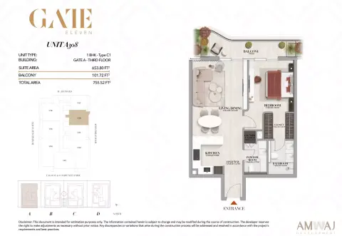 Gate Eleven Residences: Floor plan Type A308 - 1 BHK | Gate A, 755 sq ft