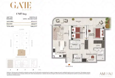 Gate Eleven Residences: Floor plan Type A 203 - 2 BHK Plus JR  | Gate A, 1,088 sq ft