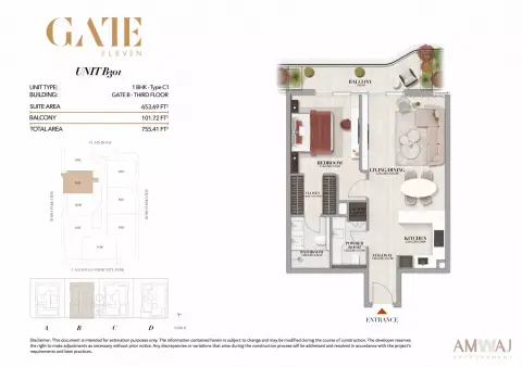 Gate Eleven Residences: Floor plan Type B301 - 1 BHK | Gate B, 755 sq ft