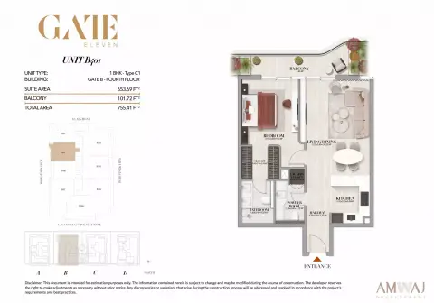 Gate Eleven Residences: Floor plan Type B401 - 1 BHK | Gate B, 755 sq ft