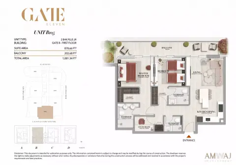 Gate Eleven Residences: Floor plan Type B105 - 2 BHK Plus JR | Gate B, 1,081 sq ft
