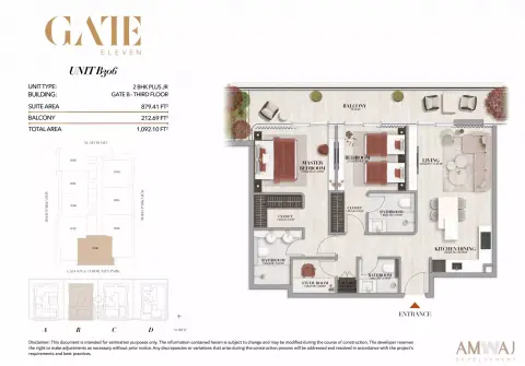Gate Eleven Residences: Floor plan Type B306 - 2 BHK Plus JR | Gate B, 1,092 sq ft