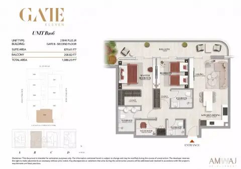 Gate Eleven Residences: Floor plan Type B206 - 2 BHK Plus JR | Gate B, 1,088 sq ft