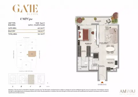Gate Eleven Residences: Floor plan Type C401 - 1 BHK | Gate C, 761 sq ft