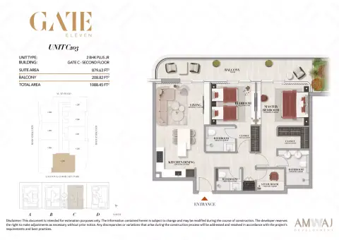 Gate Eleven Residences: Floor plan Type C203 - 2 BHK Plus JR | Gate C, 1,088 sq ft