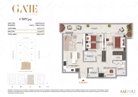Gate Eleven Residences: Floor plan Type C303 -2 BHK Plus JR | Gate C, 1,092 sq ft