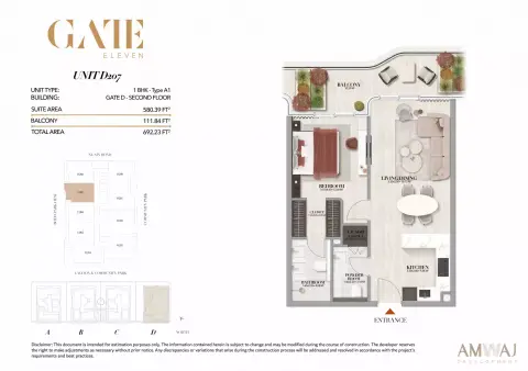 Gate Eleven Residences: Floor plan Type D207 - 1 BHK | Gate D, 692 sq ft