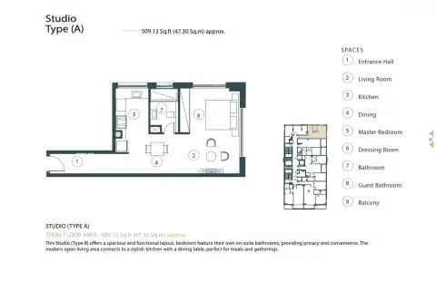 Whitestone Residence: Floor plan Type A, 509 sq ft