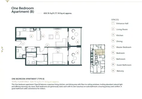Whitestone Residence: Floor plan Type B, 830 sq ft