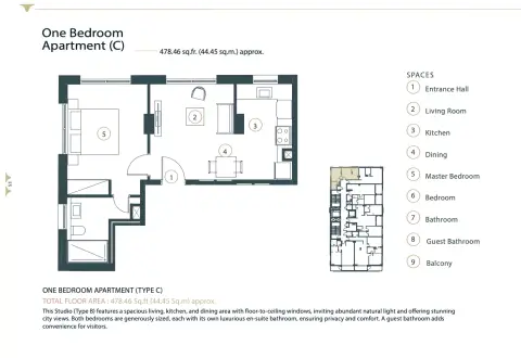 Whitestone Residence: Floor plan Type C, 478 sq ft