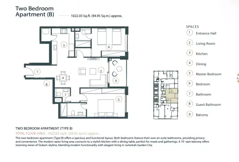 Whitestone Residence: Floor plan Type B, 1,022 sq ft