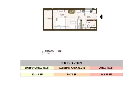 Casa Aura Residence: फ़्लोर प्लान Type - T002, 368 sq ft