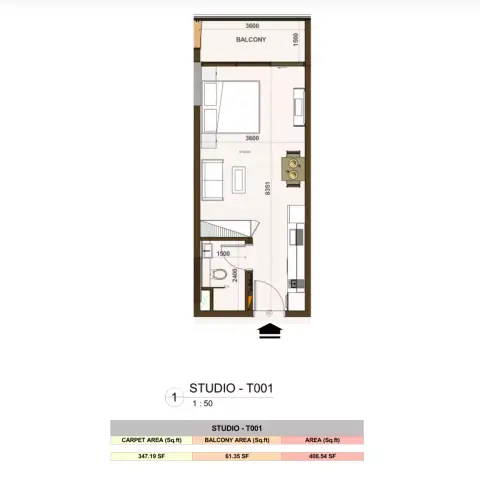 Casa Aura Residence: फ़्लोर प्लान Type - T001, 408 sq ft
