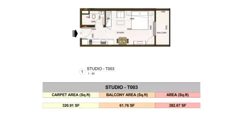 Casa Aura Residence: फ़्लोर प्लान Type - T003, 382 sq ft