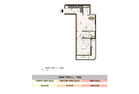 Casa Aura Residence: फ़्लोर प्लान Type L - T004, 629 sq ft