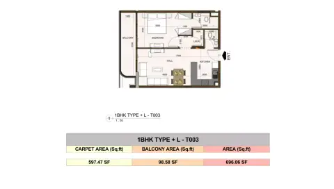 Casa Aura Residence: फ़्लोर प्लान Type L - T003, 696 sq ft