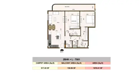 Casa Aura Residence: फ़्लोर प्लान Type L - T001, 1,076 sq ft