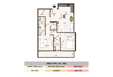 Casa Aura Residence: फ़्लोर प्लान Type M - T002, 1,082 sq ft