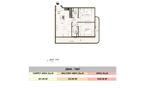 Casa Aura Residence: फ़्लोर प्लान Type - T007, 1,055 sq ft