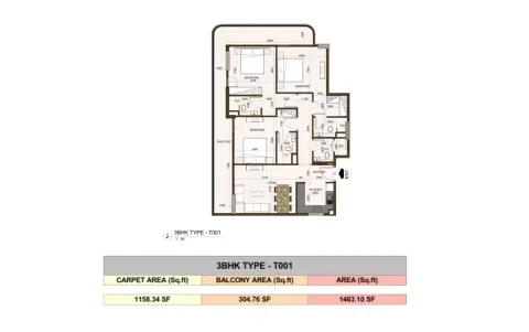Casa Aura Residence: फ़्लोर प्लान Type - T001, 1,463 sq ft