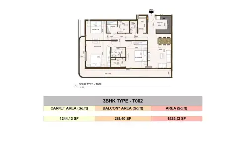 Casa Aura Residence: फ़्लोर प्लान Type - T002, 1,525 sq ft